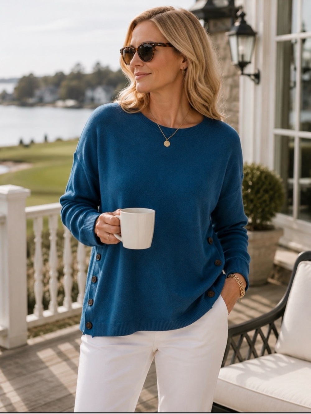 Talbots Teal Blue Lambswool Blend Side Button Crewneck Sweater L